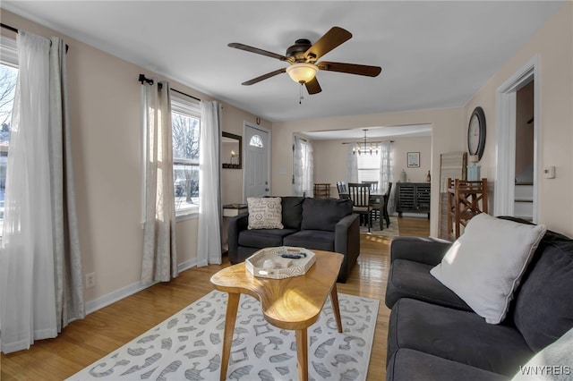 living room featuring ceiling fan with notable chandelier and light hardwood / wood-style flooring