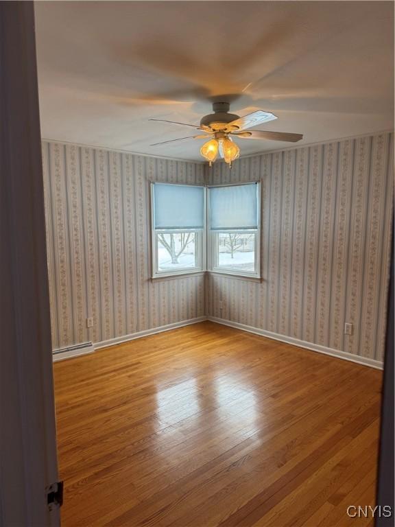 empty room with ceiling fan and light hardwood / wood-style flooring