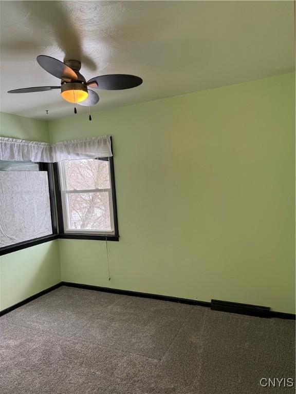 spare room featuring ceiling fan and carpet flooring