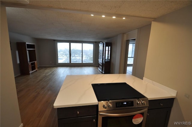 kitchen featuring electric stove, dark wood-type flooring, and light stone countertops