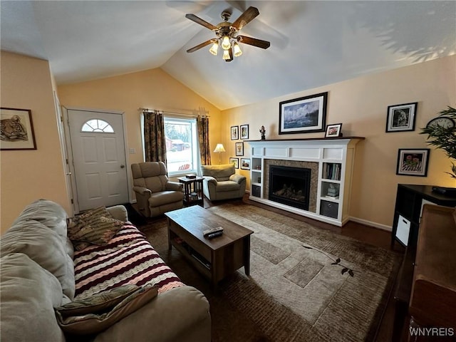 living room with lofted ceiling and ceiling fan