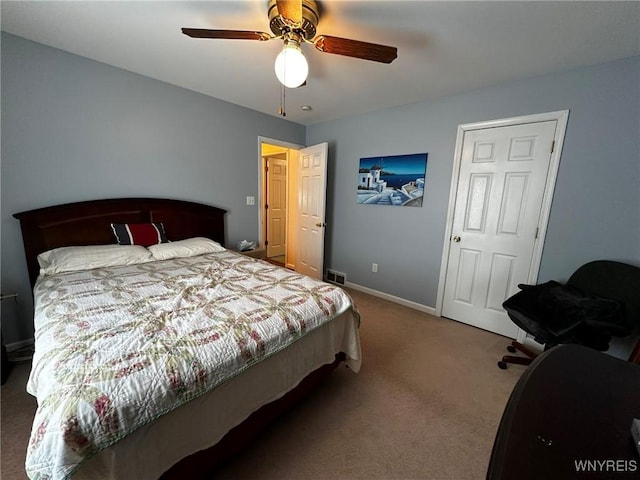 bedroom featuring carpet floors and ceiling fan