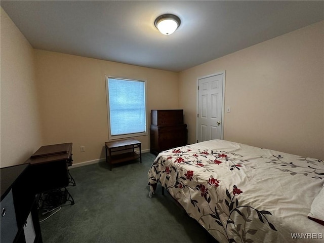 bedroom featuring dark colored carpet