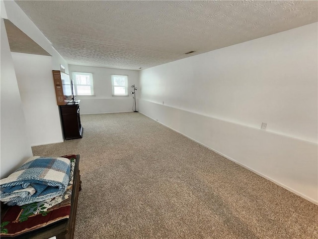 interior space featuring a textured ceiling and carpet flooring