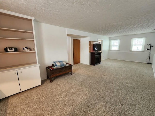 interior space featuring light colored carpet and a textured ceiling