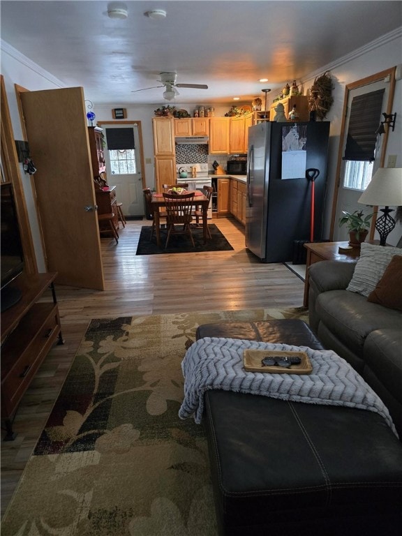 living room featuring light hardwood / wood-style floors and ceiling fan