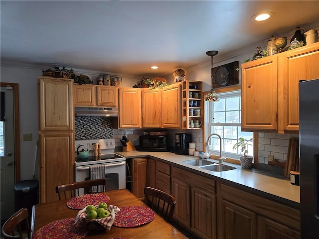 kitchen with sink, crown molding, tasteful backsplash, pendant lighting, and black appliances