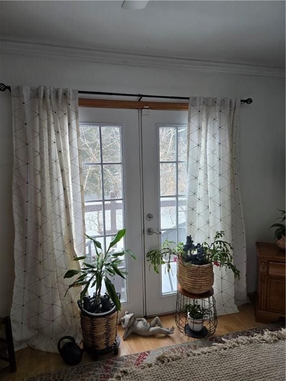 doorway featuring hardwood / wood-style flooring and crown molding