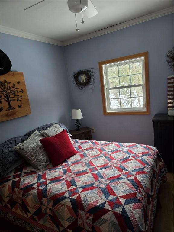 bedroom with crown molding and ceiling fan