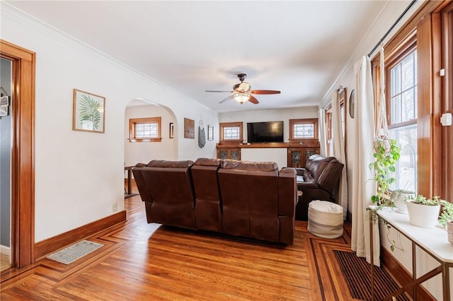 living room featuring crown molding, ceiling fan, and light wood-type flooring