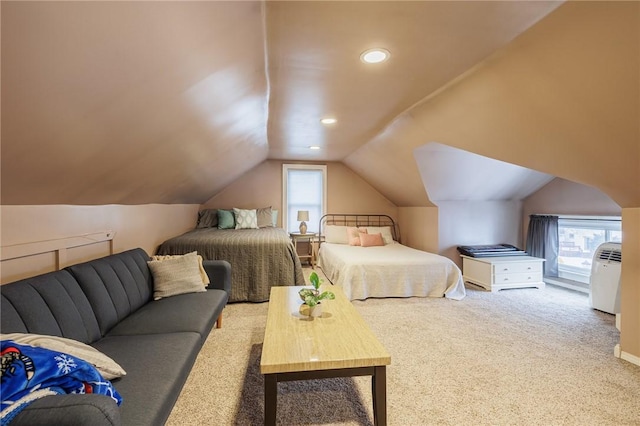 bedroom featuring carpet and lofted ceiling