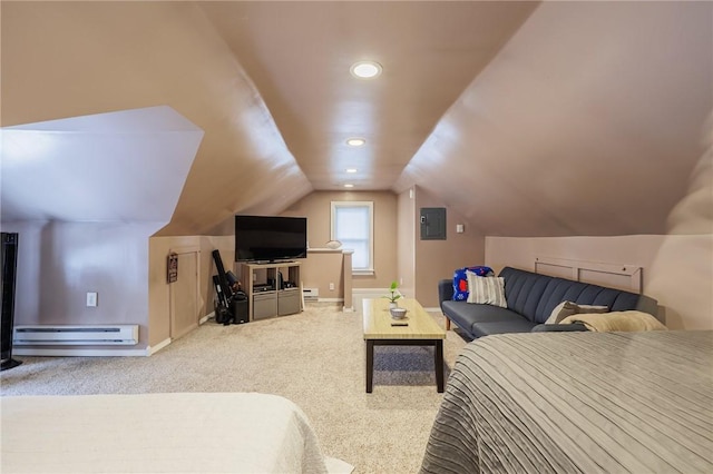 bedroom with lofted ceiling, a baseboard heating unit, electric panel, and carpet