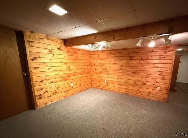 basement featuring carpet flooring, wooden walls, and a paneled ceiling