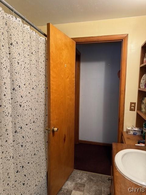 bathroom featuring vanity and curtained shower