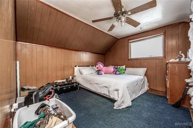 carpeted bedroom featuring ceiling fan, lofted ceiling, and wooden walls