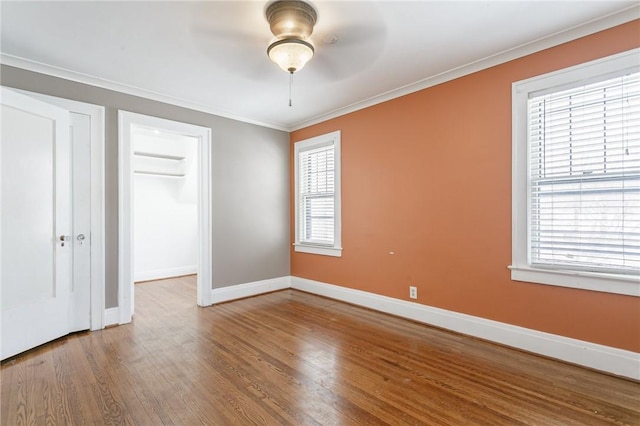 unfurnished bedroom featuring crown molding, a spacious closet, a closet, hardwood / wood-style flooring, and ceiling fan