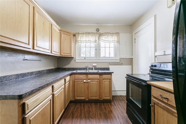 kitchen with dark wood-type flooring, sink, and black appliances