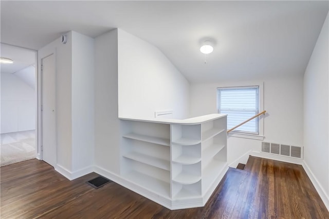 walk in closet with dark wood-type flooring and vaulted ceiling