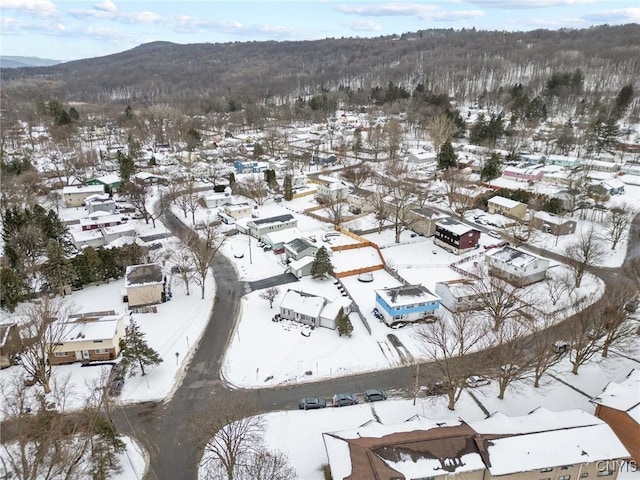 snowy aerial view with a mountain view