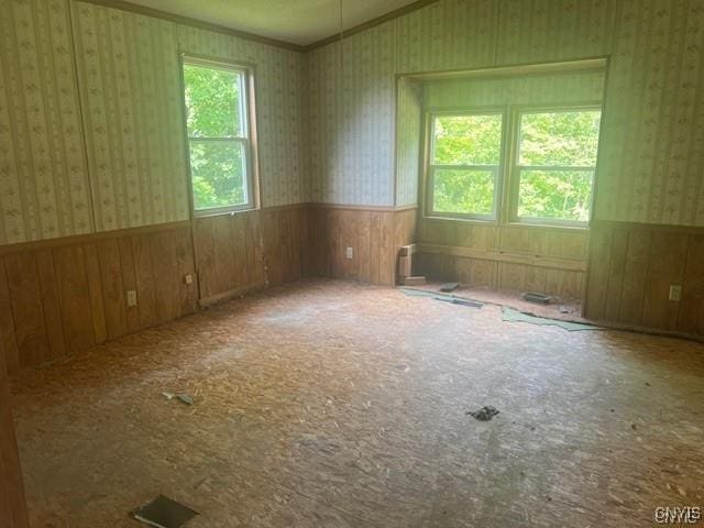 empty room with ornamental molding and lofted ceiling