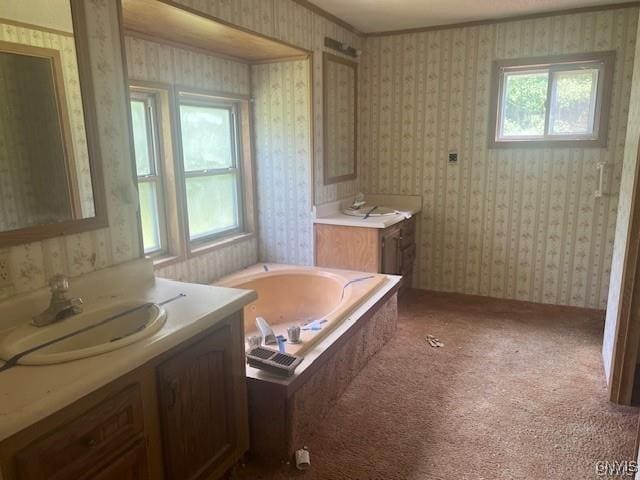 bathroom featuring vanity, plenty of natural light, ornamental molding, and a bathing tub