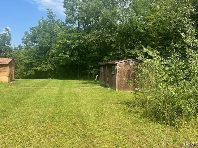 view of yard with a storage shed