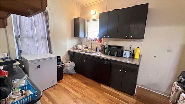 kitchen featuring refrigerator, dishwasher, sink, and light wood-type flooring