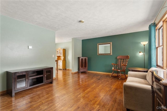 living area with hardwood / wood-style floors and a textured ceiling