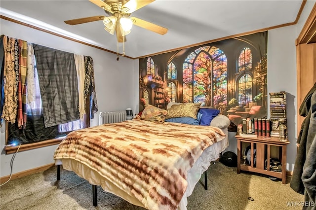 bedroom with crown molding, ceiling fan, carpet flooring, and radiator