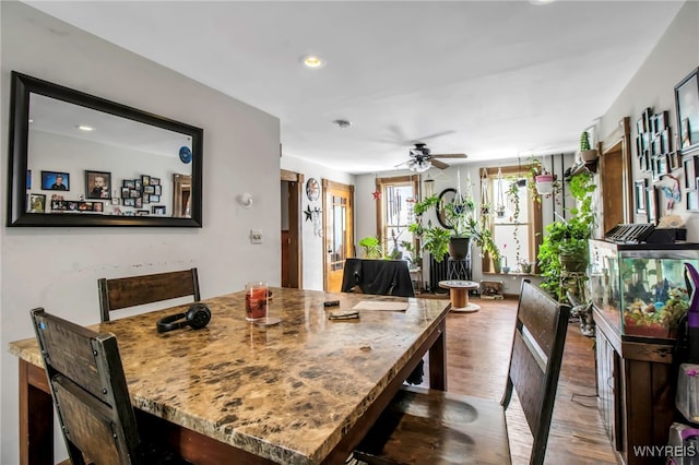 dining room featuring ceiling fan and wood-type flooring