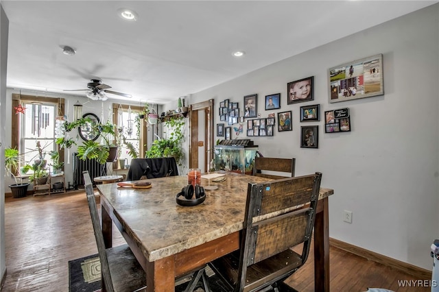 dining space featuring dark hardwood / wood-style floors and ceiling fan