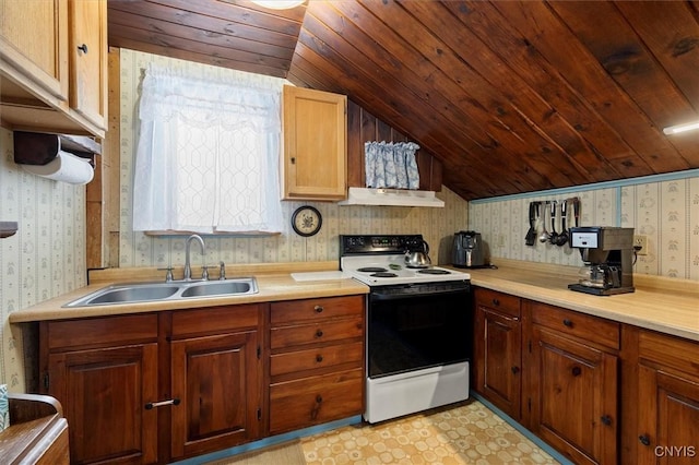 kitchen with range with electric cooktop, lofted ceiling, sink, and wooden ceiling