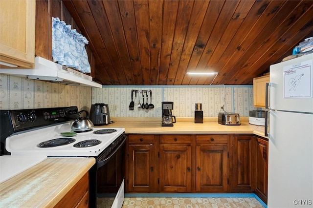 kitchen with wood ceiling, electric range, and white fridge