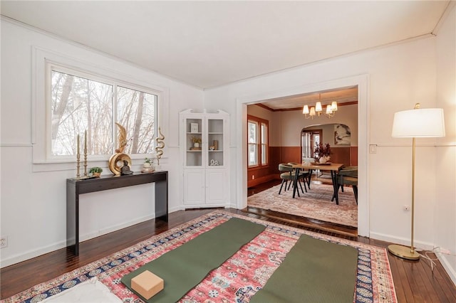 interior space with an inviting chandelier, crown molding, dark hardwood / wood-style floors, and a healthy amount of sunlight