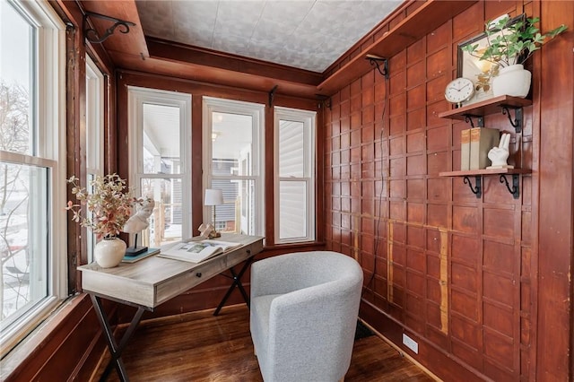 office space featuring dark wood-type flooring and tile walls