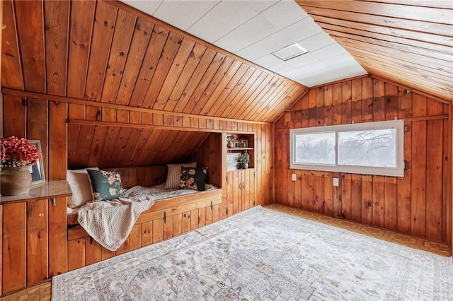 bonus room featuring lofted ceiling, wooden walls, and wooden ceiling