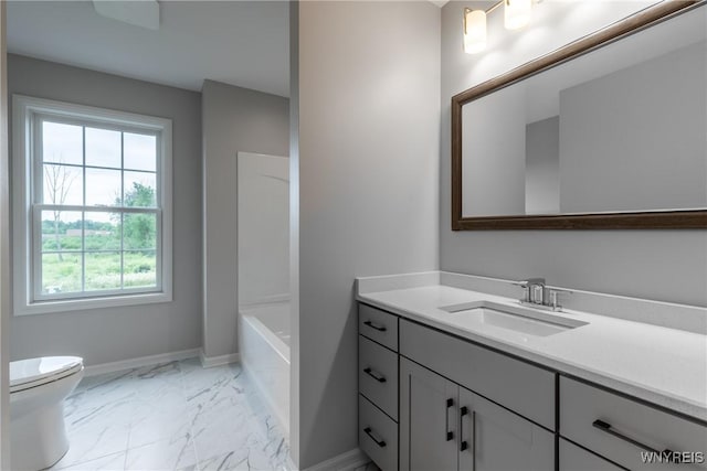 full bathroom with vanity, toilet, and tub / shower combination