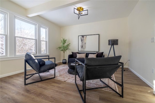 living room featuring beam ceiling and hardwood / wood-style flooring