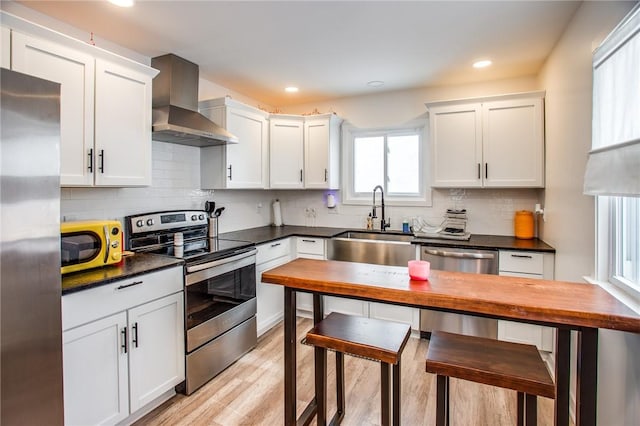 kitchen featuring white cabinetry, appliances with stainless steel finishes, light wood-type flooring, and wall chimney range hood