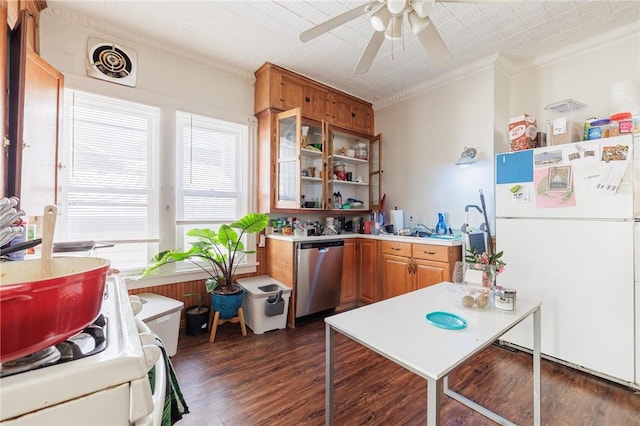 kitchen with dark hardwood / wood-style floors, dishwasher, white refrigerator, ornamental molding, and ceiling fan