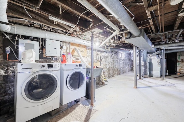 basement with washing machine and clothes dryer and electric panel