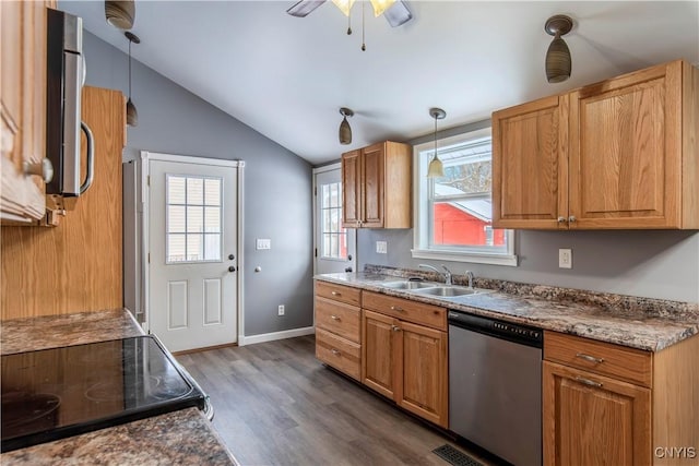 kitchen featuring sink, stainless steel appliances, vaulted ceiling, pendant lighting, and dark hardwood / wood-style floors