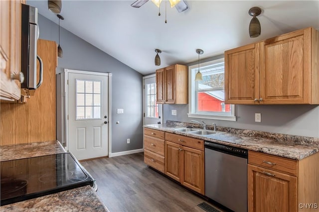 314 Stafford Ave, Marshall, NY 13480 - kitchen with dishwasher, a sink, vaulted ceiling, dark wood finished floors, and electric range oven