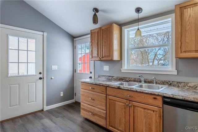 kitchen with sink, lofted ceiling, decorative light fixtures, stainless steel dishwasher, and dark hardwood / wood-style floors