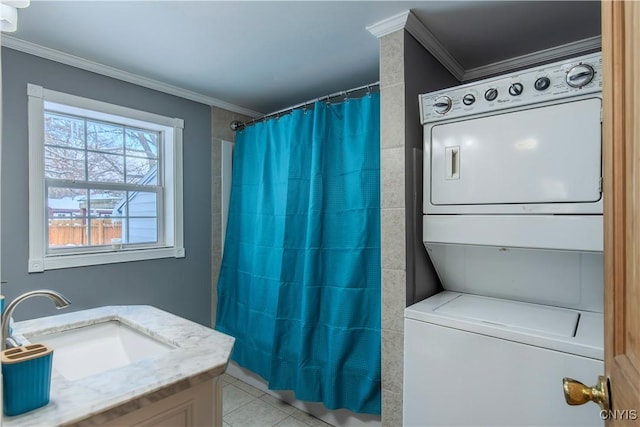314 Stafford Ave, Marshall, NY 13480 - bathroom featuring stacked washer and clothes dryer, crown molding, vanity, tile patterned floors, and a shower with shower curtain