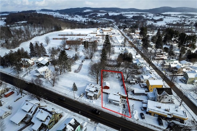 snowy aerial view with a mountain view