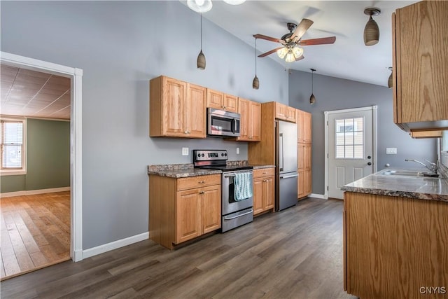 kitchen with sink, stainless steel appliances, decorative light fixtures, ceiling fan, and dark hardwood / wood-style flooring