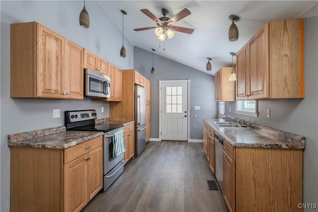 kitchen with stainless steel appliances, sink, hanging light fixtures, and vaulted ceiling