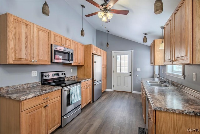 314 Stafford Ave, Marshall, NY 13480 - kitchen featuring appliances with stainless steel finishes, a sink, vaulted ceiling, dark countertops, and dark wood-style flooring