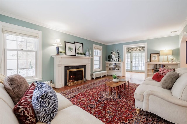 living room with hardwood / wood-style floors, crown molding, and radiator heating unit